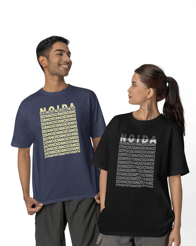 Two people wearing t-shirts with 'NOIDA' text design on a white background