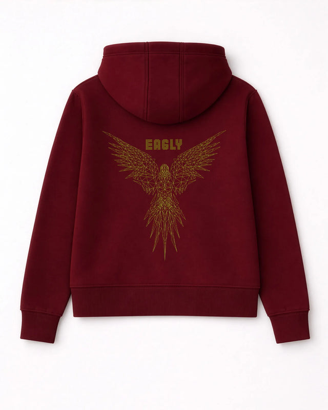 Maroon hoodie with gold eagle design and 'EAGLY' text on the back against a white background