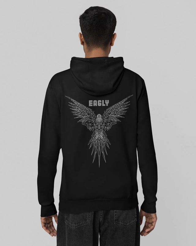 Person wearing a black hoodie with an eagle design and 'EAGLY' text on the back, against a gray background.