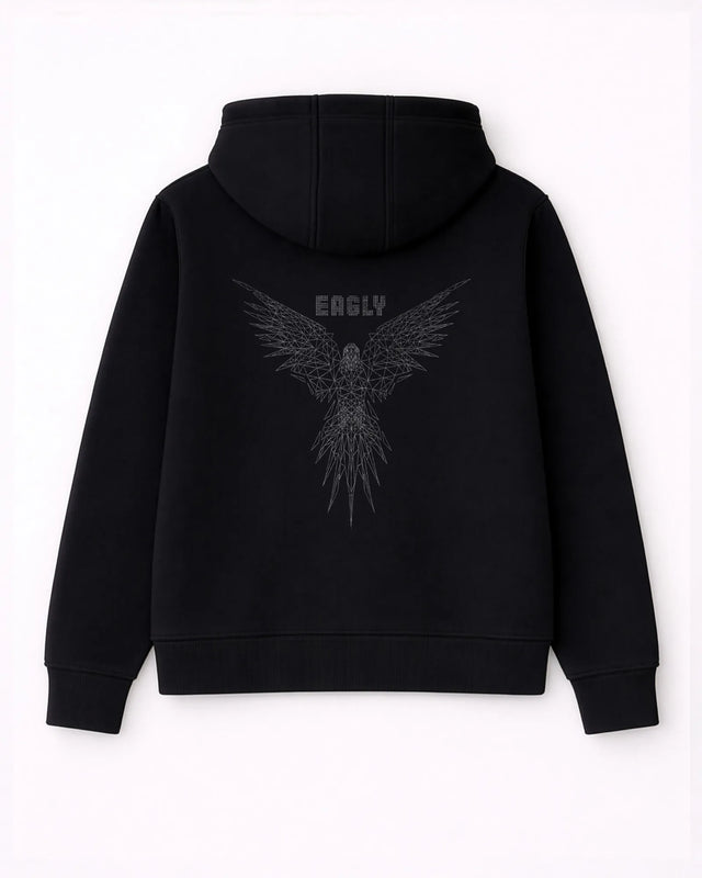 Black hoodie with an eagle design and 'EAGLY' text on the back against a white background