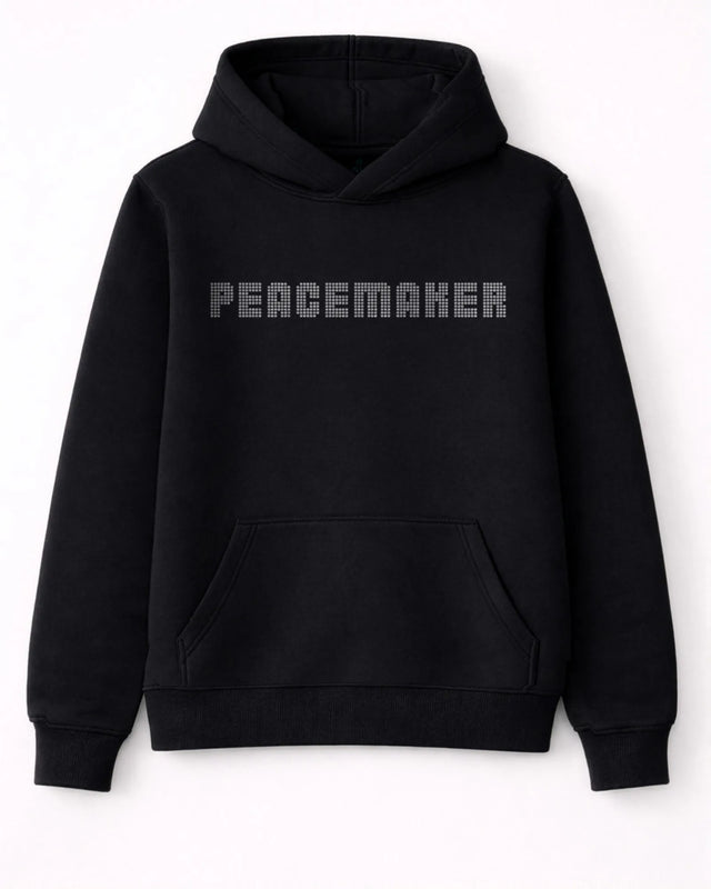 Black hoodie with 'PEACEMAKER' text on a white background