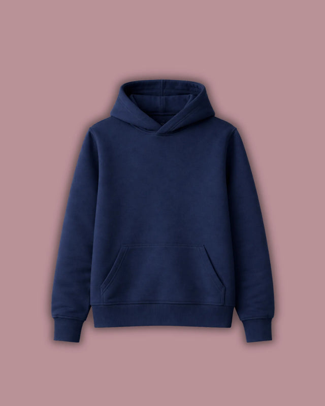 Navy blue hoodie on a pink background