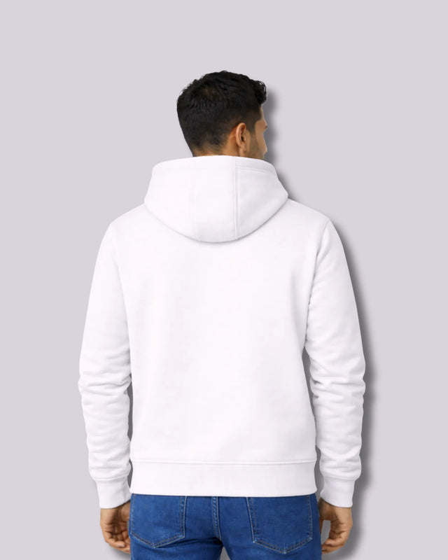 Man wearing a white hoodie from behind on a light gray background