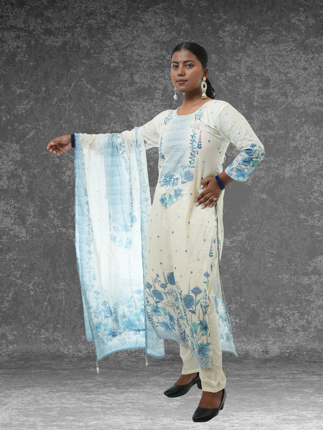 D05 Blue Pure Cotton Embroidery Suit set
