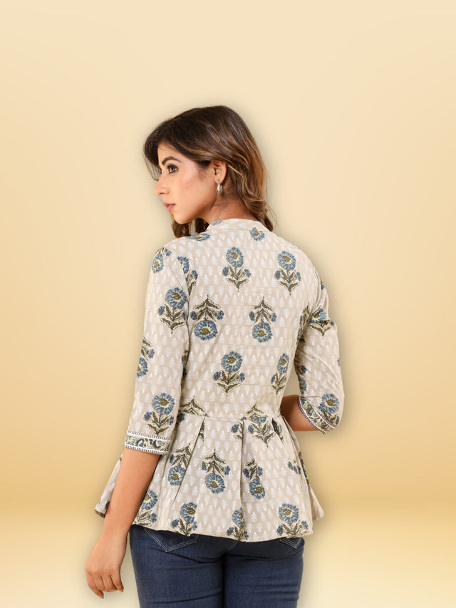 R28 Grey Floral Printed Peplum Top