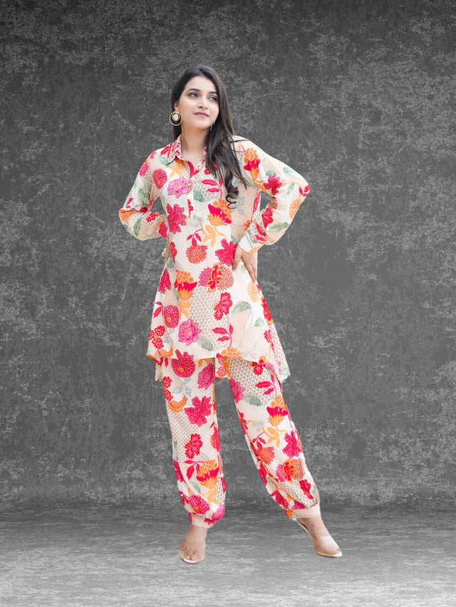 R42 Premium Stylish Floral Muslin Cord Set