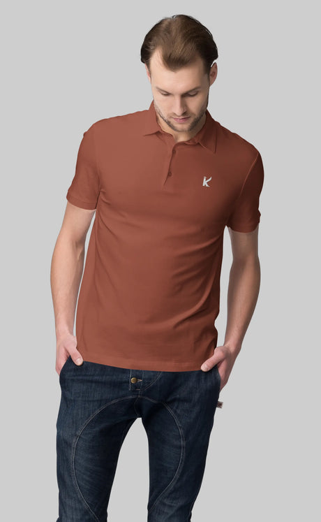 Man wearing Brick Red color solid polo tshirt