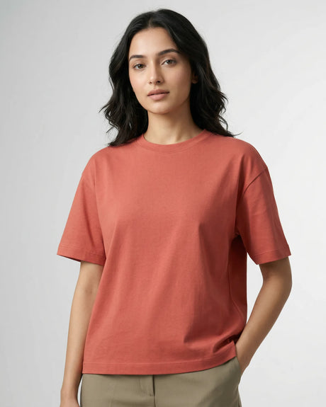 woman wearing coral tshirt