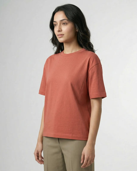 woman wearing coral tshirt