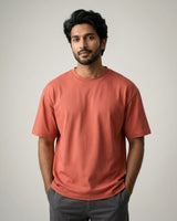 man wearing coral tshirt