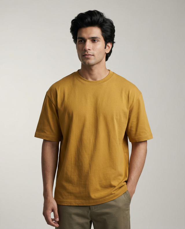 Man wearing a mustard yellow t-shirt against a plain background