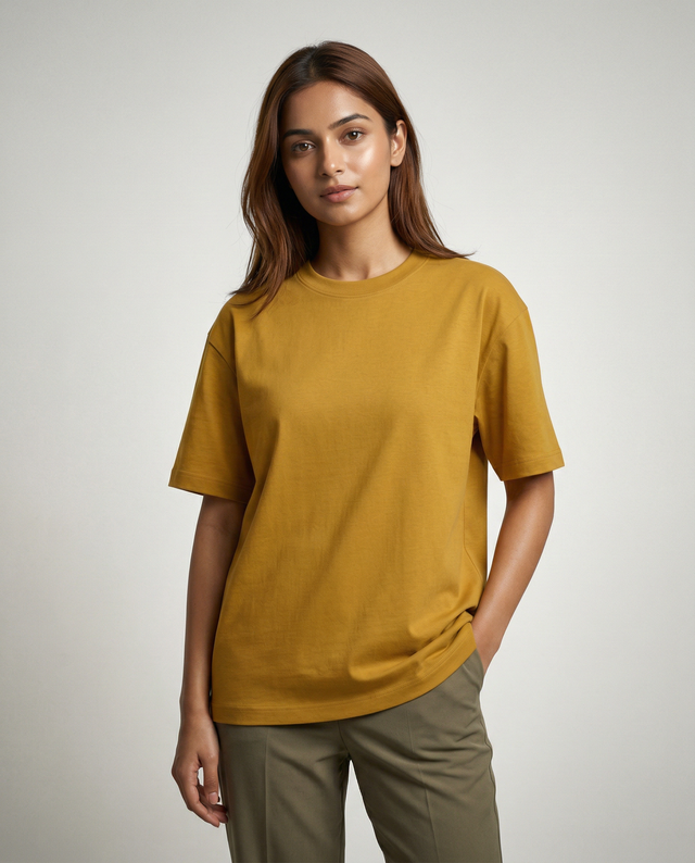 Woman wearing a mustard yellow t-shirt and green pants on a plain background
