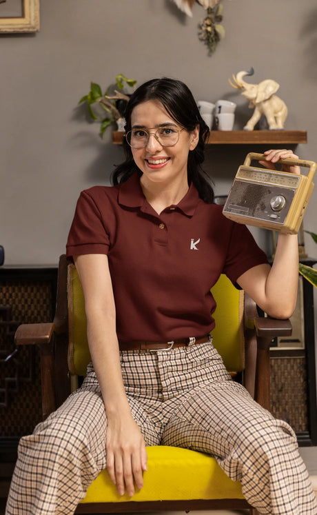Woman wearing Maroon Polo tshirt