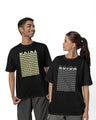 Two people wearing black t-shirts with 'NOIDA' text design.