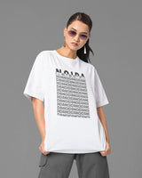 woman wearing a white t-shirt with text on a gray background