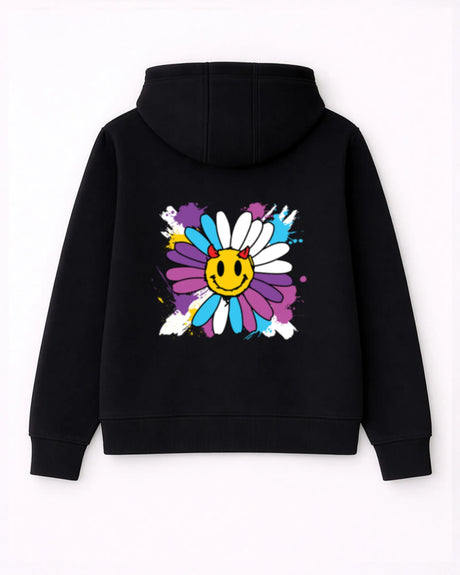 Black hoodie with a colorful flower smiley face design on the back against a white background