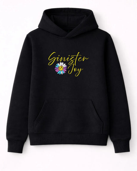 Black hoodie with 'Sinister Joy' text and flower graphic on a white background