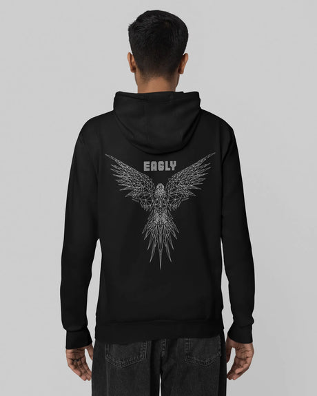 Person wearing a black hoodie with an eagle design and 'EAGLY' text on the back, against a gray background.