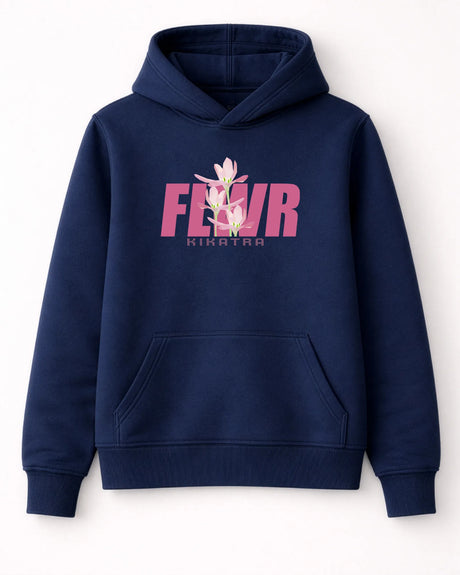 Navy blue hoodie with pink 'FLWR' logo on a white background
