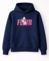 Navy blue hoodie with pink 'FLWR' logo on a white background