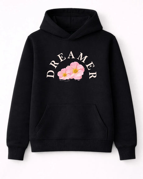 Black hoodie with 'Dreamer' and floral design on a white background