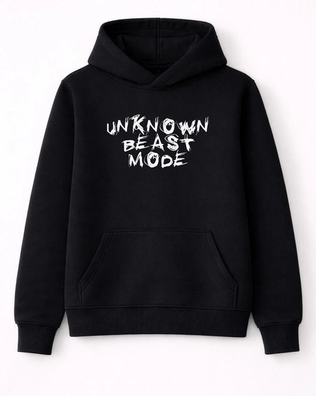 Black hoodie with 'UNKNOWN BEAST MODE' text on a white background