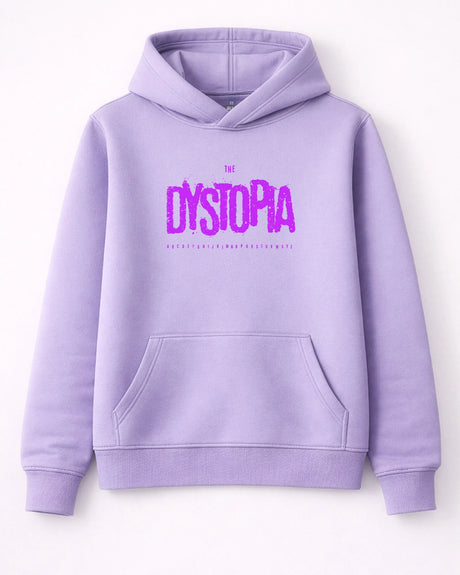 Lavender hoodie with 'The Dystopia' text in purple on a white background