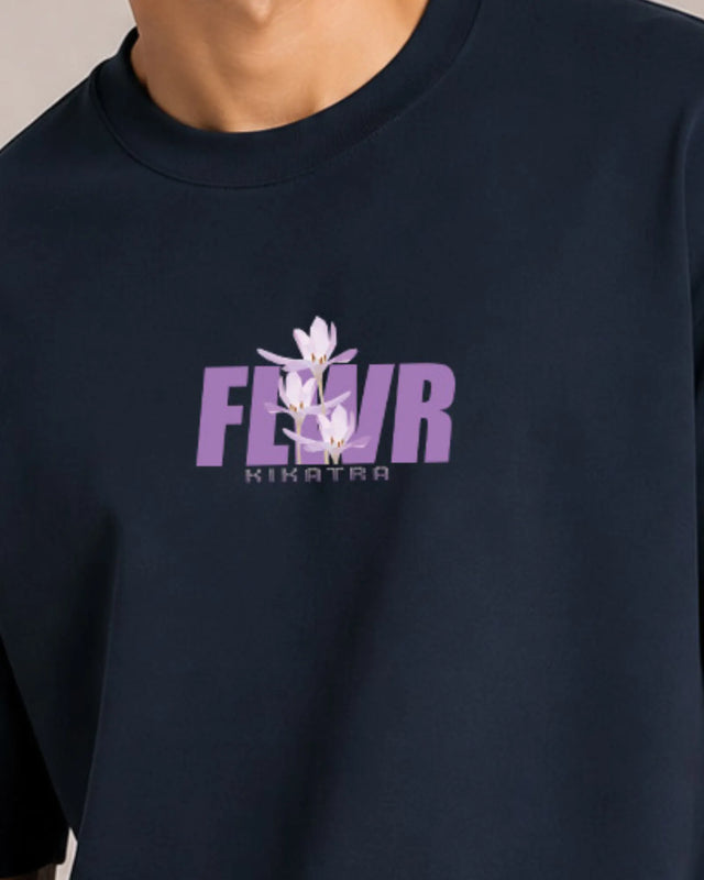Navy blue sweatshirt with 'FLWR' and 'Kikatra' text and floral design on a plain background