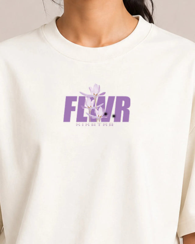 Off-White t-shirt with purple 'FLWR' logo on a plain background