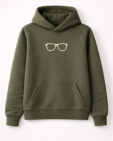 Green hoodie with a graphic of glasses on a white background
