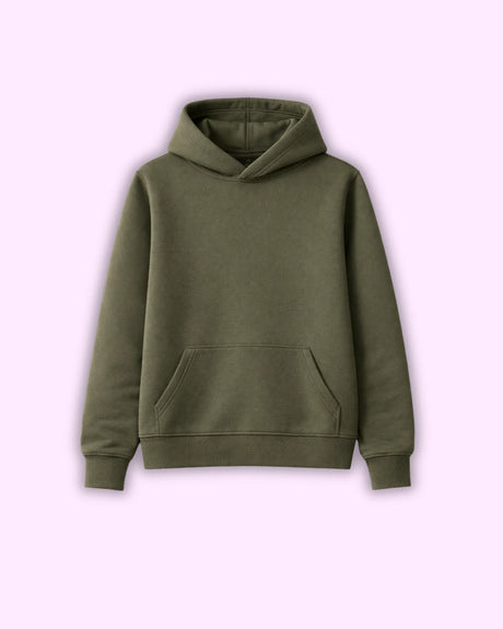 Olive Green hoodie on a light purple background
