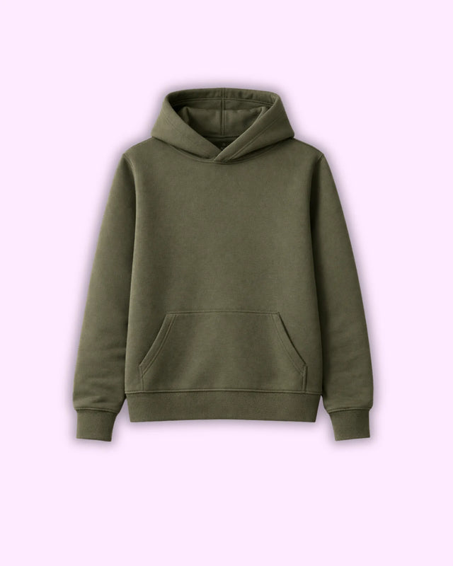 Olive Green hoodie on a light purple background