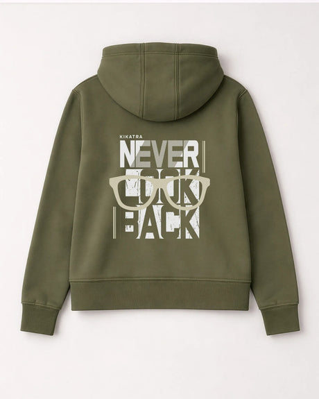Green hoodie with text and sunglasses graphic on the back, brand 'Kikatra' visible
