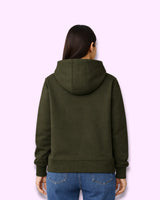 Person wearing a Olive Green  hoodie from behind on a light purple background