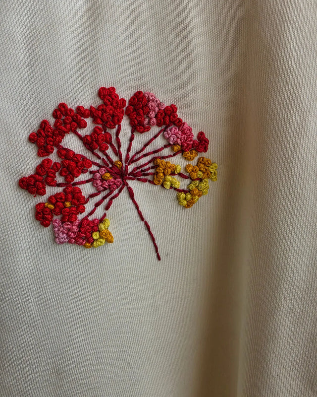 Embroidered design of red, pink, and yellow flowers on a Off-White fabric background
