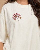 Off-White  t-shirt with embroidered floral design on a plain background
