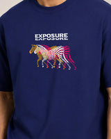 Navy blue t-shirt with colorful zebra design and 'Exposure' text on a plain background