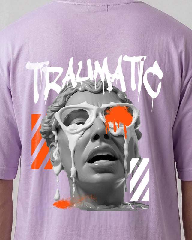 Purple t-shirt with graphic design and text on a plain background