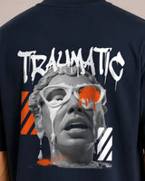 Navy blue t-shirt with graphic design and text on a plain background