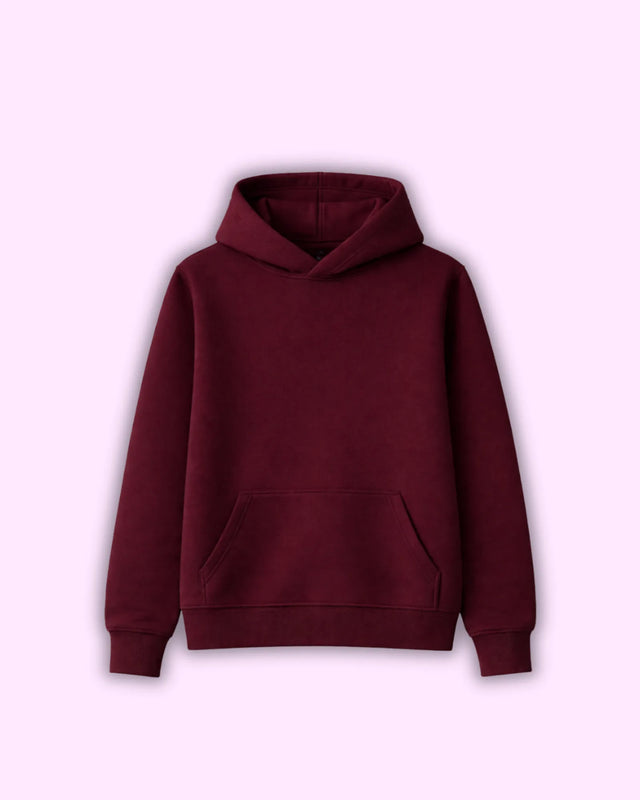 Maroon hoodie on a light purple background