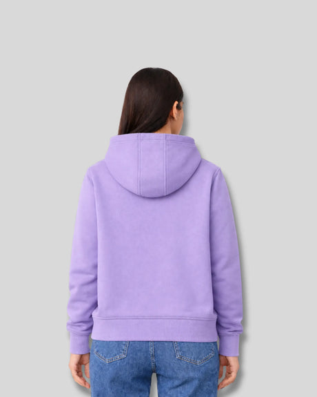 Person wearing a lavender hoodie from behind on a light gray background