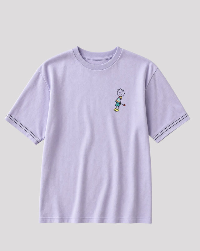 Light purple t-shirt with a small graphic on a light gray background