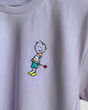 Light Lavender t-shirt with a colorful embroidered design of a stick figure holding a flower.