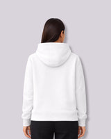Person wearing a white hoodie from behind on a light gray background