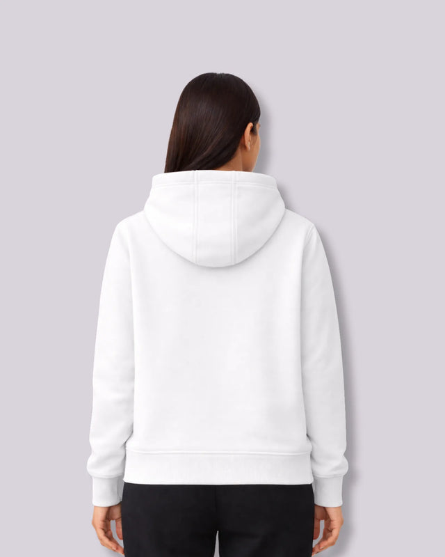 Person wearing a white hoodie from behind on a light gray background