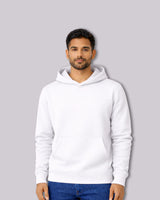 Man wearing a white hoodie against a gray background
