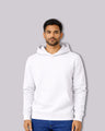 Man wearing a white hoodie against a gray background