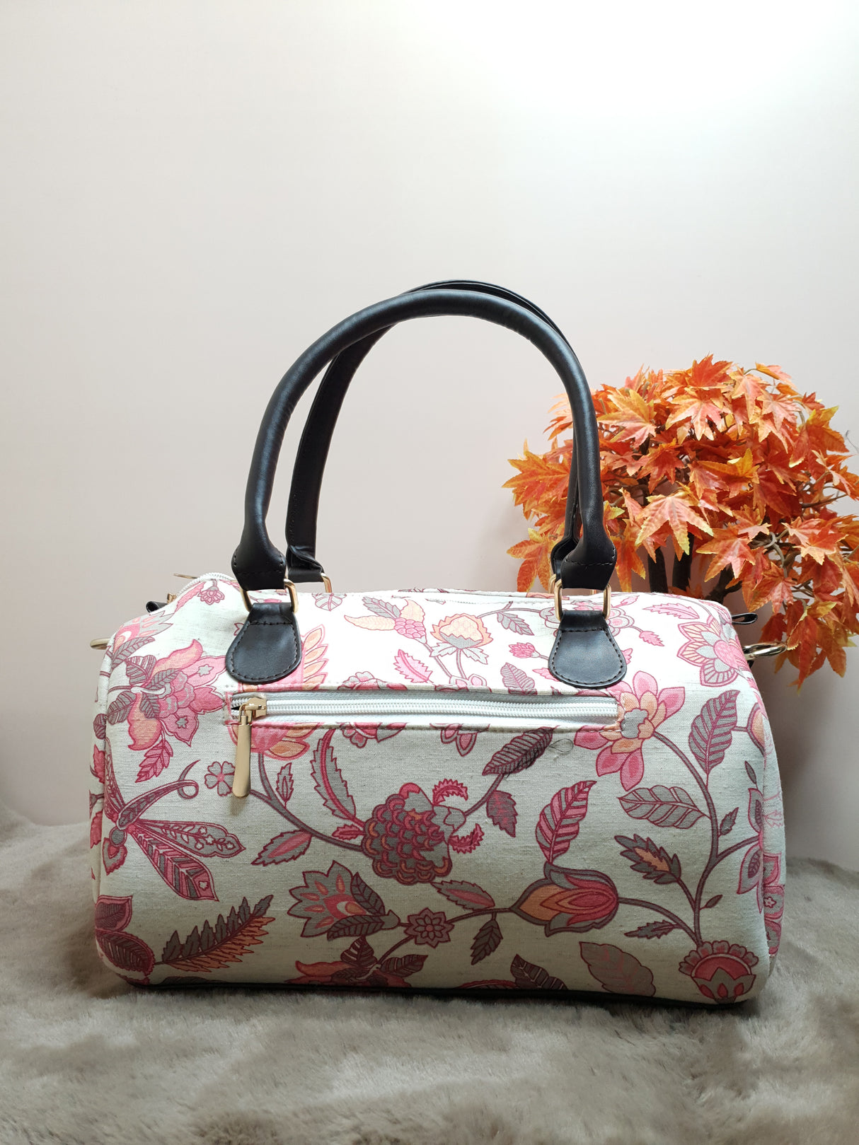 A35 Peach Flower Motif Cotton Duffle Bag