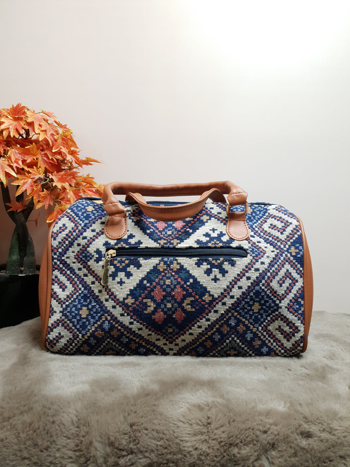 AJ4 Blue MultiColor Pattern Jacquard Duffle Bag