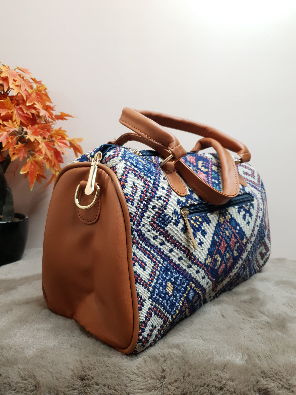 AJ4 Blue MultiColor Pattern Jacquard Duffle Bag